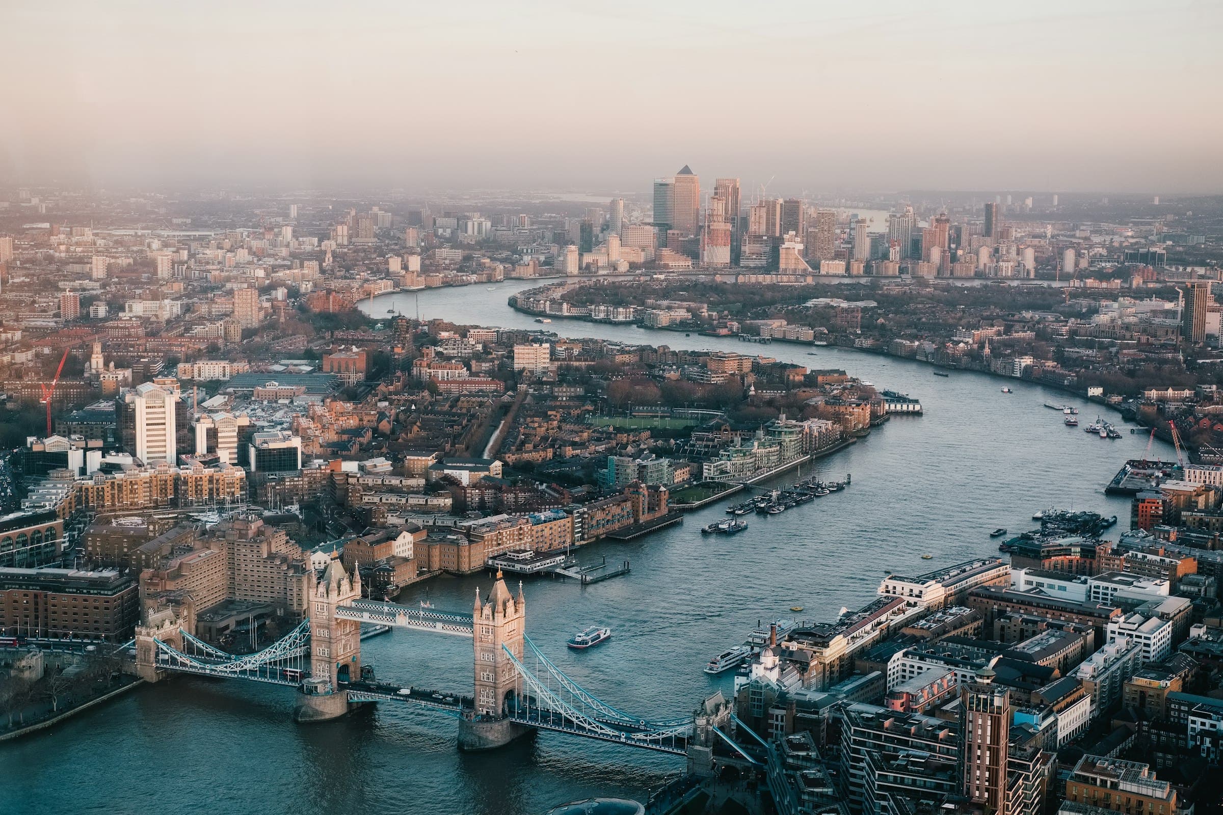 Aerial view of London and the River Thames with Tower Bridge